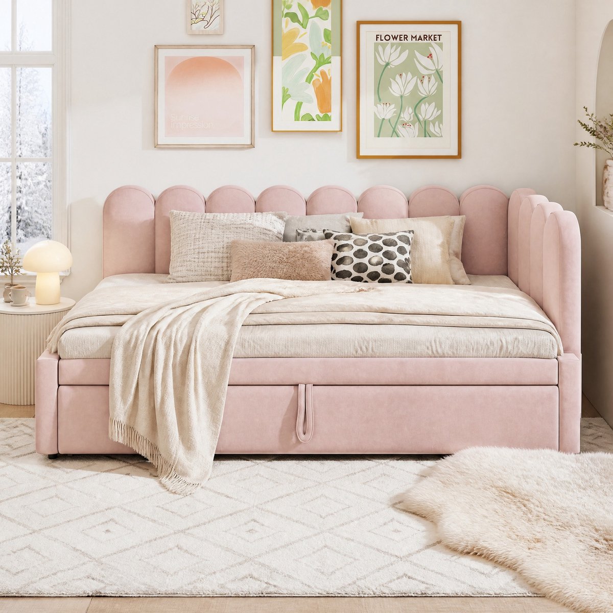 COVREO Slaapbank met uitrolfunctie – Uitrolbed voor extra slaapplek – Logeerbed voor kamer en bezoek – 90x200 cm – Roze - zonder matras