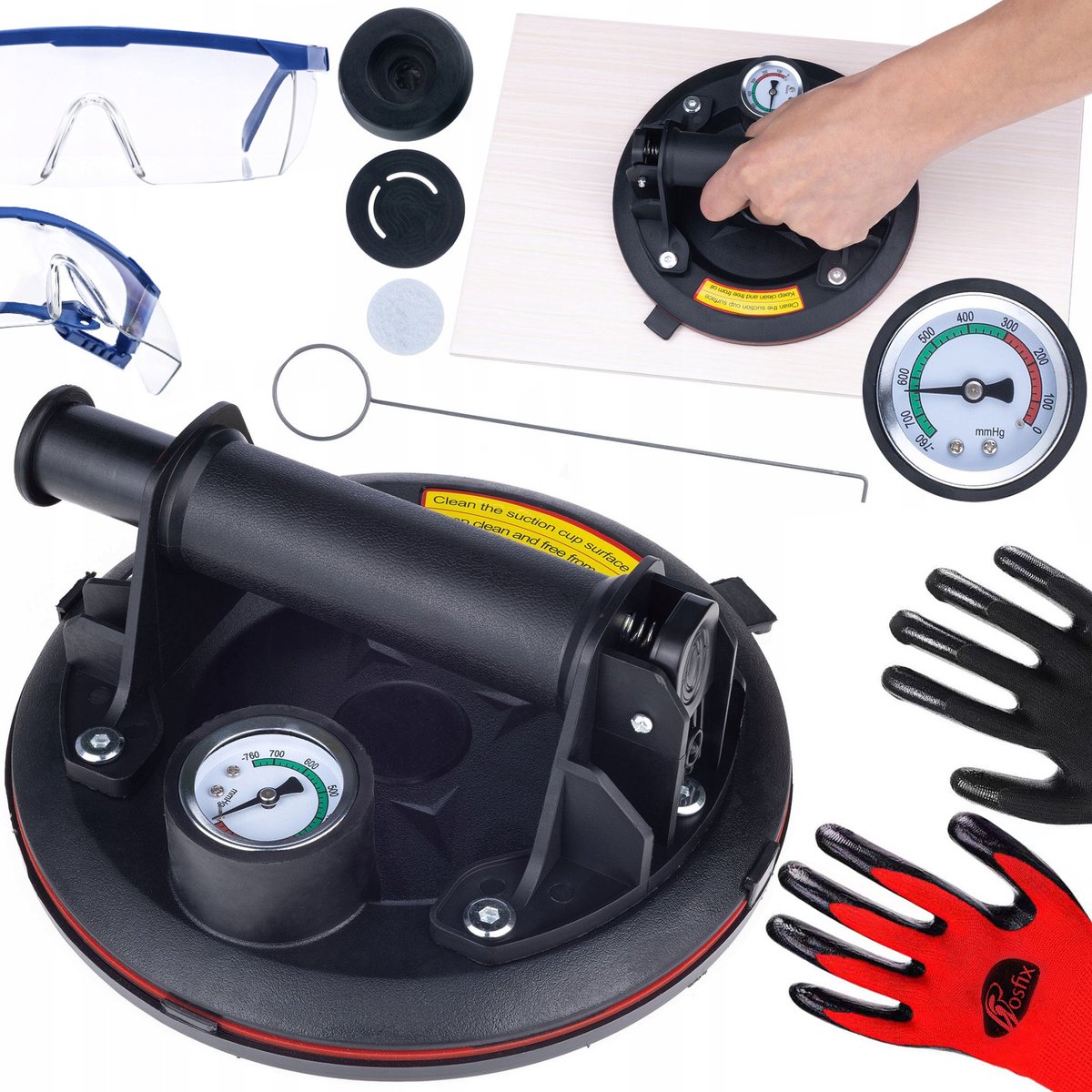 Rosfix Zuignap Set - Vacuümzuignap met Manometer 200 Kg - Ø200 Mm - ABS+Rubber - Pomp en Koffer