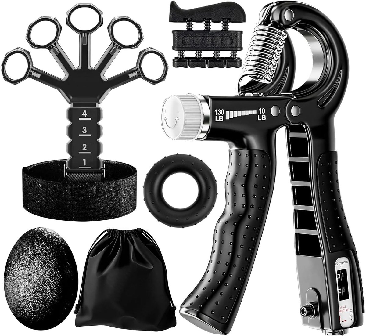 Versterk je handkracht met deze 6-delige vingertrainer set, inclusief verstelbare handgreep en stressbal voor optimale griptraining.
