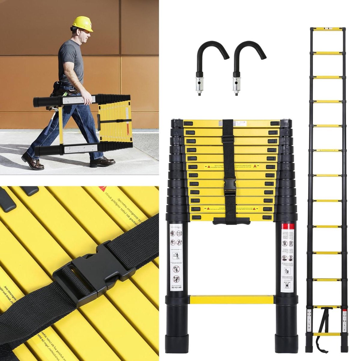 Telescoopladder - Uittrekbare ladder Vouwladder - Huishoudelijke klussen - Antislip aluminium constructie - 38 meter - Zwartgeel