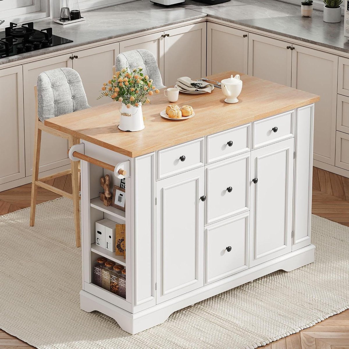 Keuken Eiland - Verrijdbaar Werkblad - Keuken Organisatie - Ingebouwd Laadstation - 130.5 x 40-65 x 92 cm - Wit
