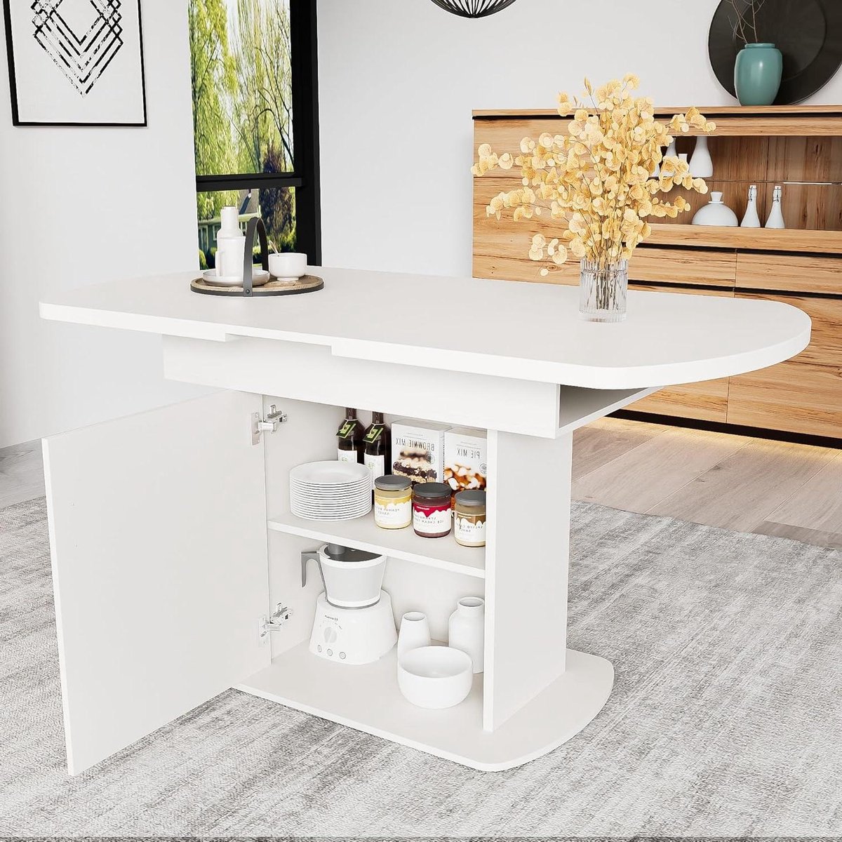 Uittrekbare Eettafel - Verstelbare Tafel Ovalen Tafel - Gezellig Eten - Met Opbergruimte - 110-130 x 70 x 75 cm