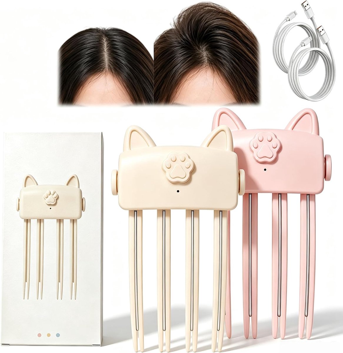 Volume clip haarwortel - 2 stuks - Verwarmde Kam - 2 Warmtestanden - Draadloos & Oplaadbaar - Creëer Snel een Volumineus Kapsel - USB-C - Automatische Uitschakeling - Stylingtool - gebroken wit+roze