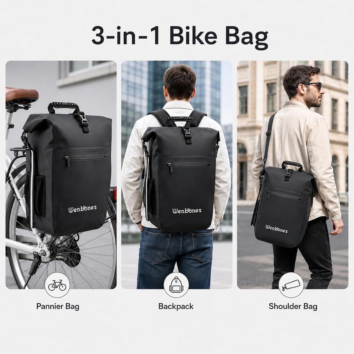 Fietstas - Zwart - 25 liter - Waterdichte multifunctionele tas met laptopvak - Voor dagelijks gebruik en forensen