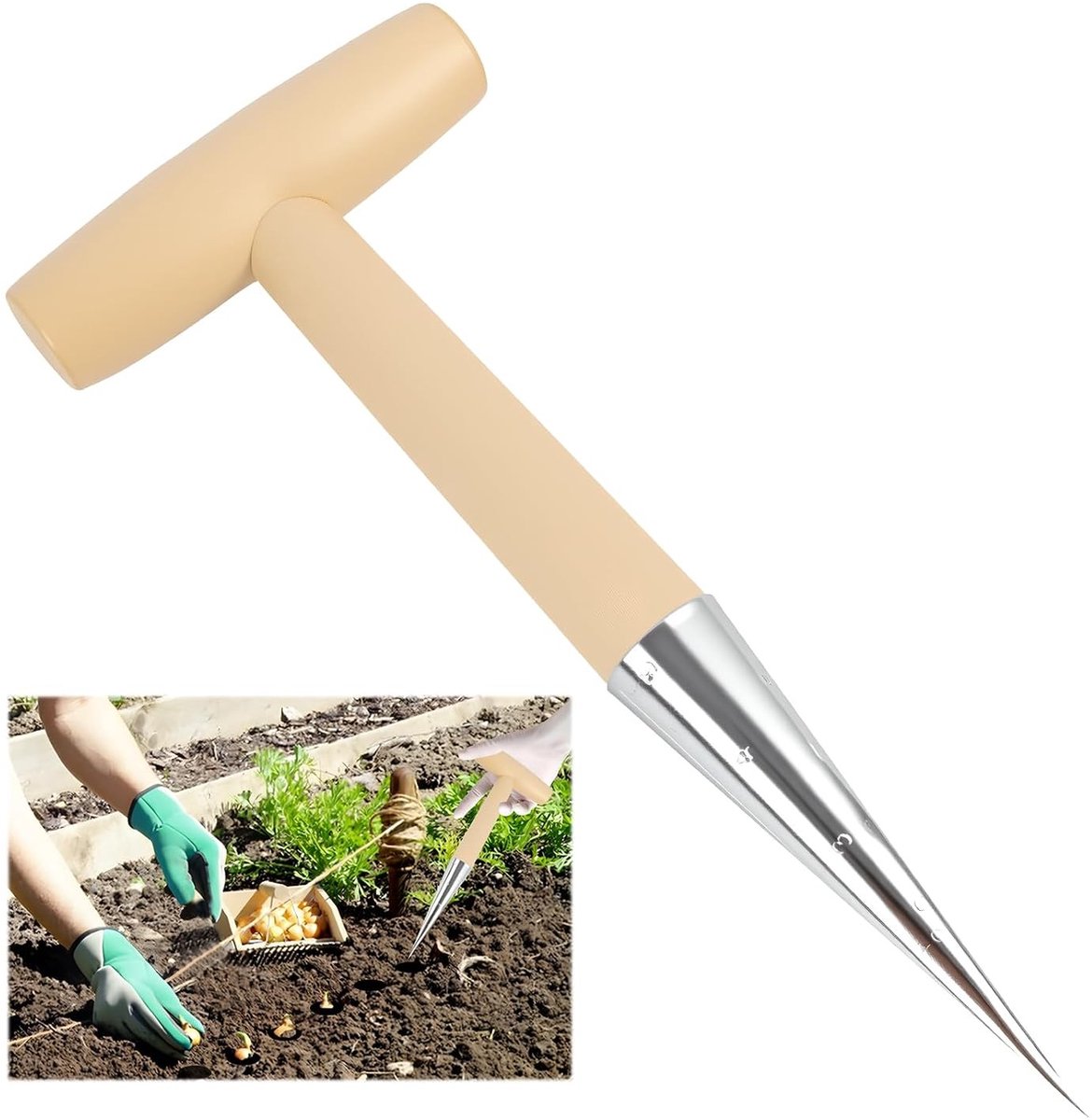 Ergonomische T-Grip Plantenhark van hoogwaardig roestvrij staal en hout – Perfect voor het nauwkeurig planten van bloemen, zwaluwen en tuinplanten in de tuin