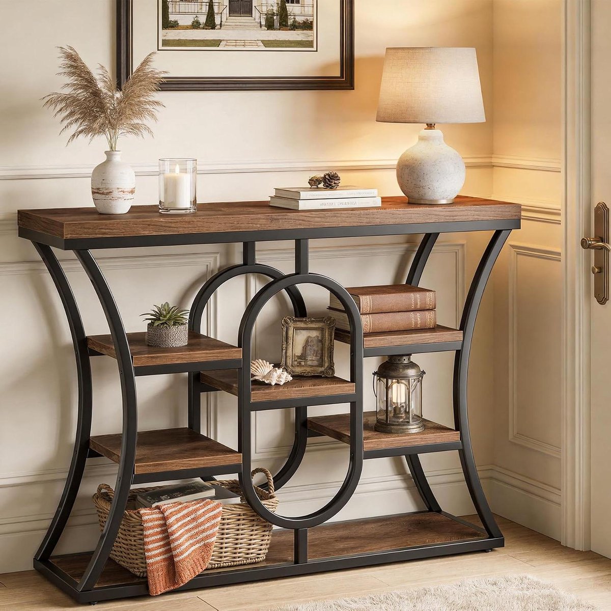 Industriële bijzettafel - Smalle salontafel - Entree inrichten - Veelzijdige opbergruimte - 105 cm breed - Rustiek bruin