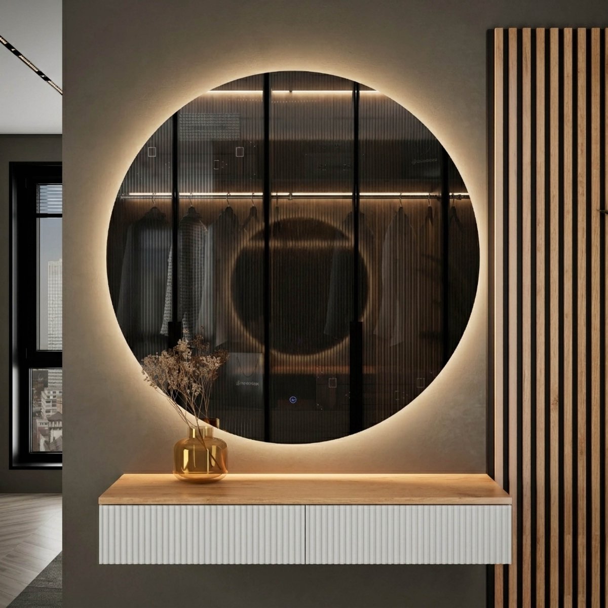 Planetmöbel AMYRA Wandconsole 100 cm – Goud Eiken/Wit – NOVA LED Spiegel 100 cm – Dimbaar – Touchbediening