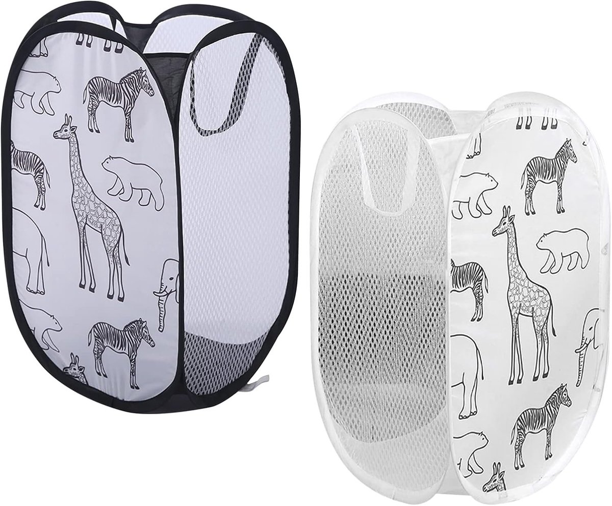 Opvouwbare wasmand - Zwart en wit - 30 x 30 x 48 cm - Polyesternet met stalen frame - Voor was en speelgoedopslag
