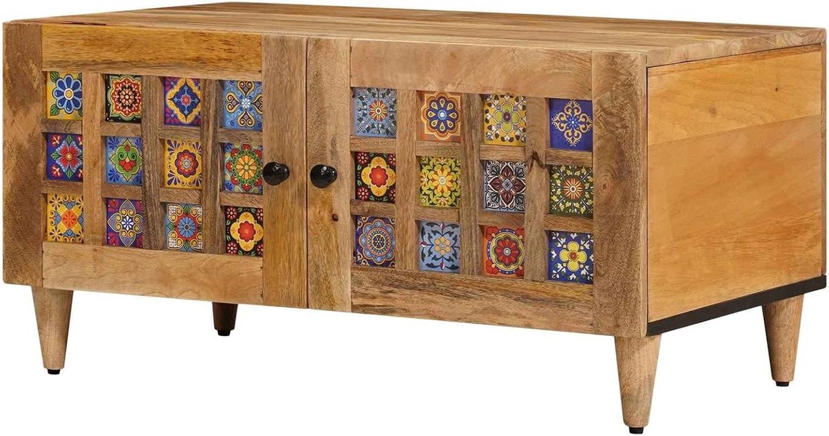Salontafel Massief Mango - Koffietafel Rechthoekig - Woonkamer Opbergen - Scharnierdeuren - 80 x 50 x 40 cm - Naturel