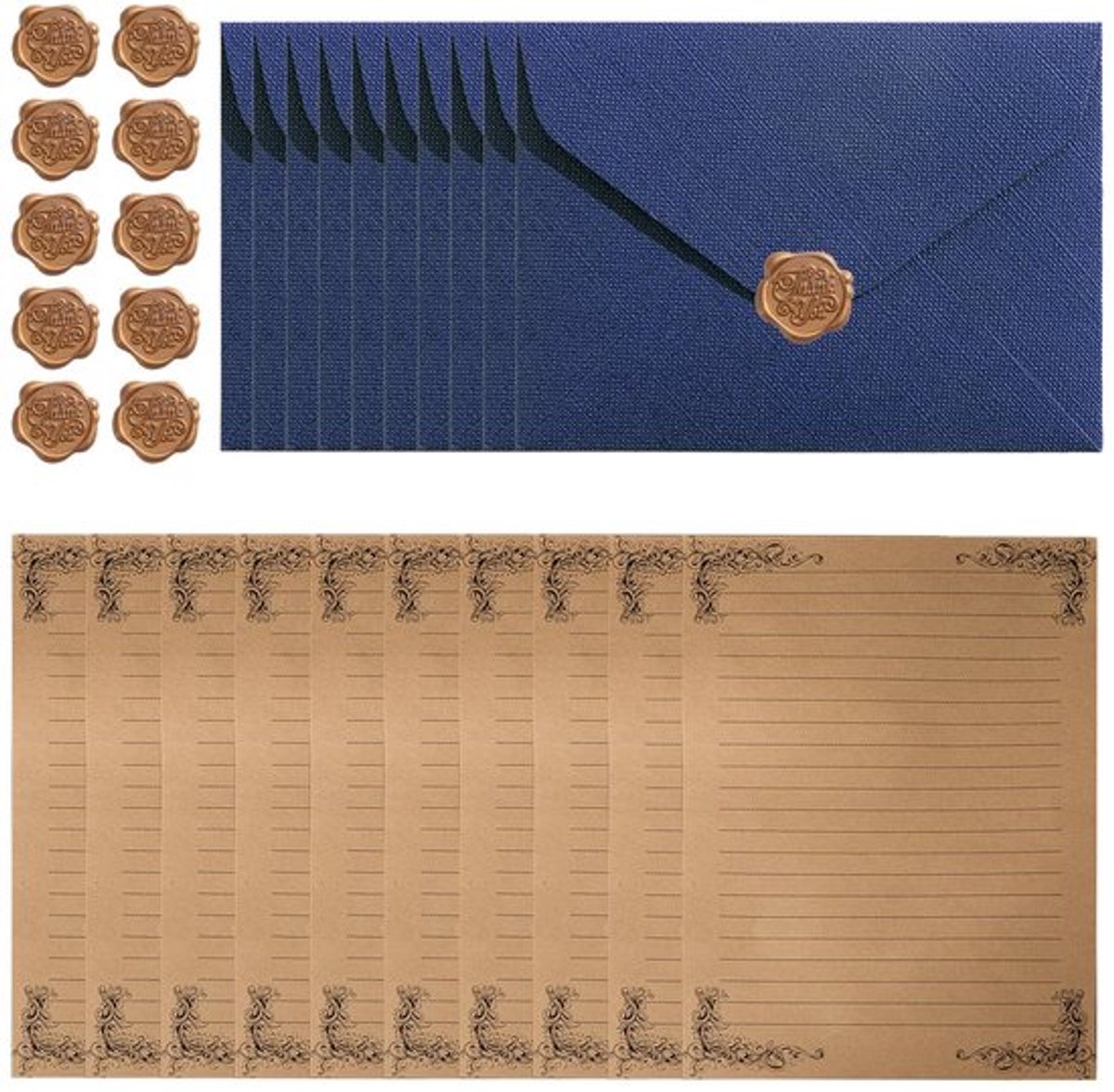 Briefpapier Set - 10 Vel Briefpapier - 10 Enveloppen - 10 Waszegelstickers - Vintage - Papier - Afmetingen Zie Afbeelding - Schrijfwaren