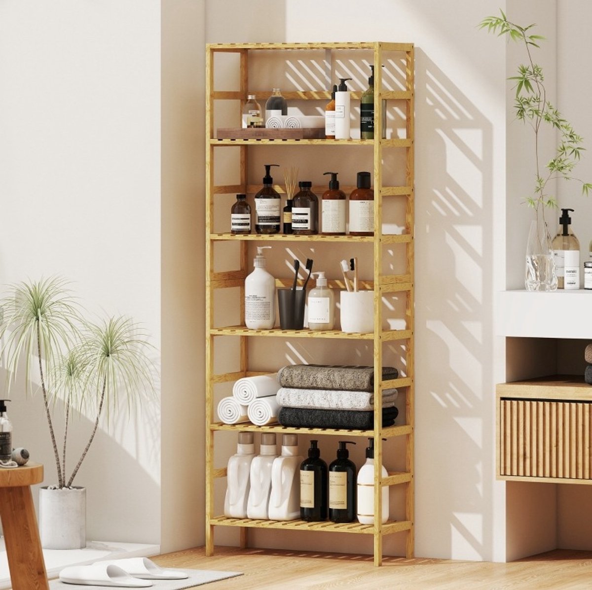MIVRAY Boekenkast – 6 Niveaus Met Verstelbare Planken – 60 x 26 x 161 cm – Bamboe – Naturel Hout – Vrijstaande Opbergkast