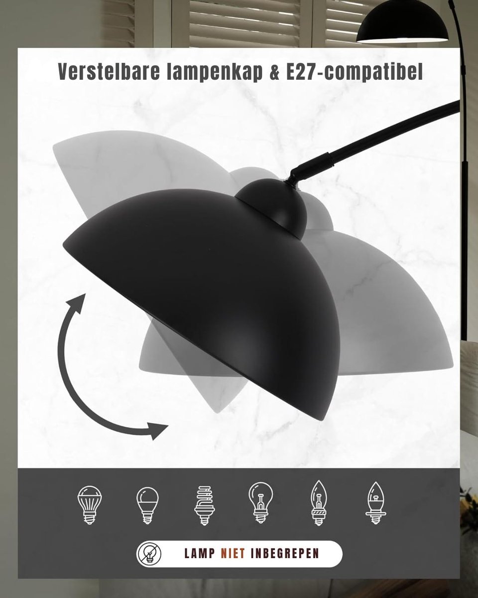 KIRA® Booglamp - Industriële Vloerlamp - Booglamp Staand - Zwart - 30cm x 30cm x 204cm