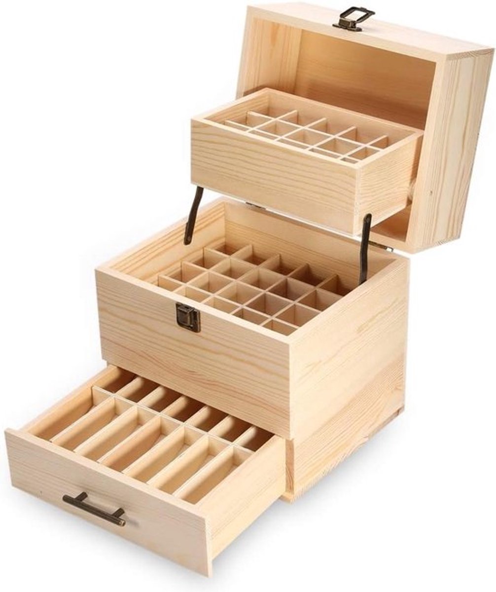 Essentiële Olie Organizer van Hout, Drie Laags, 59 Slots voor Efficiënte Opslag van Flesjes en Aroma's