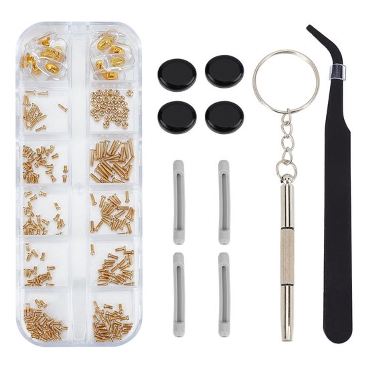 Oogglas Reparatie Kit - Zonnebril Reparatie Set - Inclusief Pincet en Lenzenvloeistof - Compacte Schroefdoos - Neus Pads en Schroeven - G...