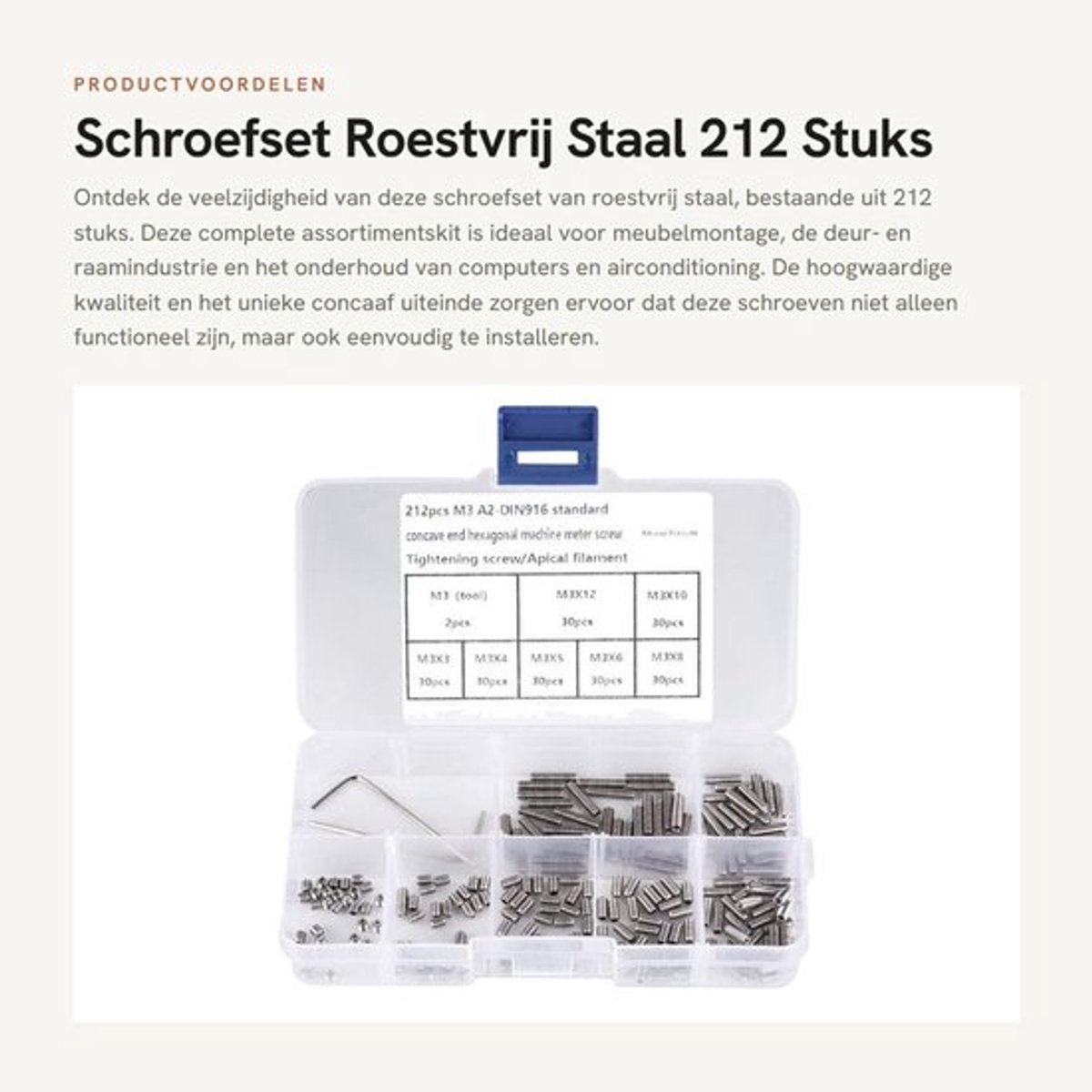 Schroefset Roestvrij Staal 212 Stuks - Bevestigingsset - Schroeven - Schroefmaterialen - M3 Binnenzeskant - Installatiegereedschap - Bevestigingsmaterialen