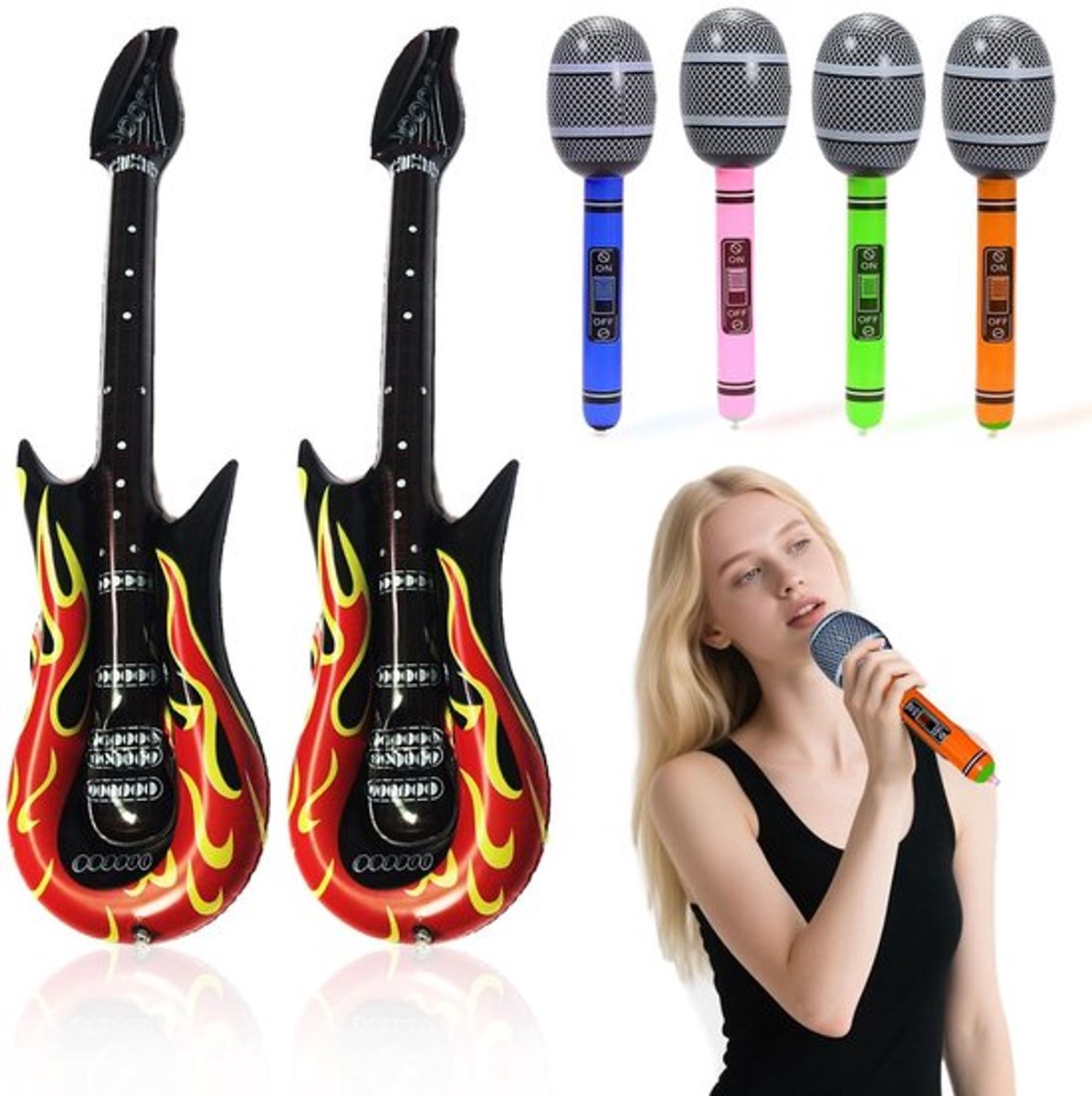 Opblaasbare Vlamgitaar - Feestaccessoires - Feestversiering - Microfoonspeelgoed - Punk Rocker - Themafeesten - Set van 6 Stuks - Feestartikelen