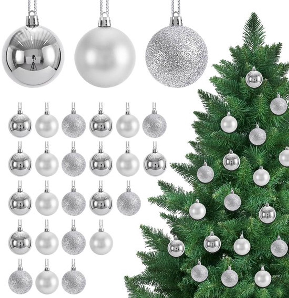 Kerstballen 24 stuks - Zilverkleurig - Kunststof - Mini-kerstballen - 3 cm - Herbruikbaar met glitter/mat/glanzend oppervlak - Kerstdecoratie