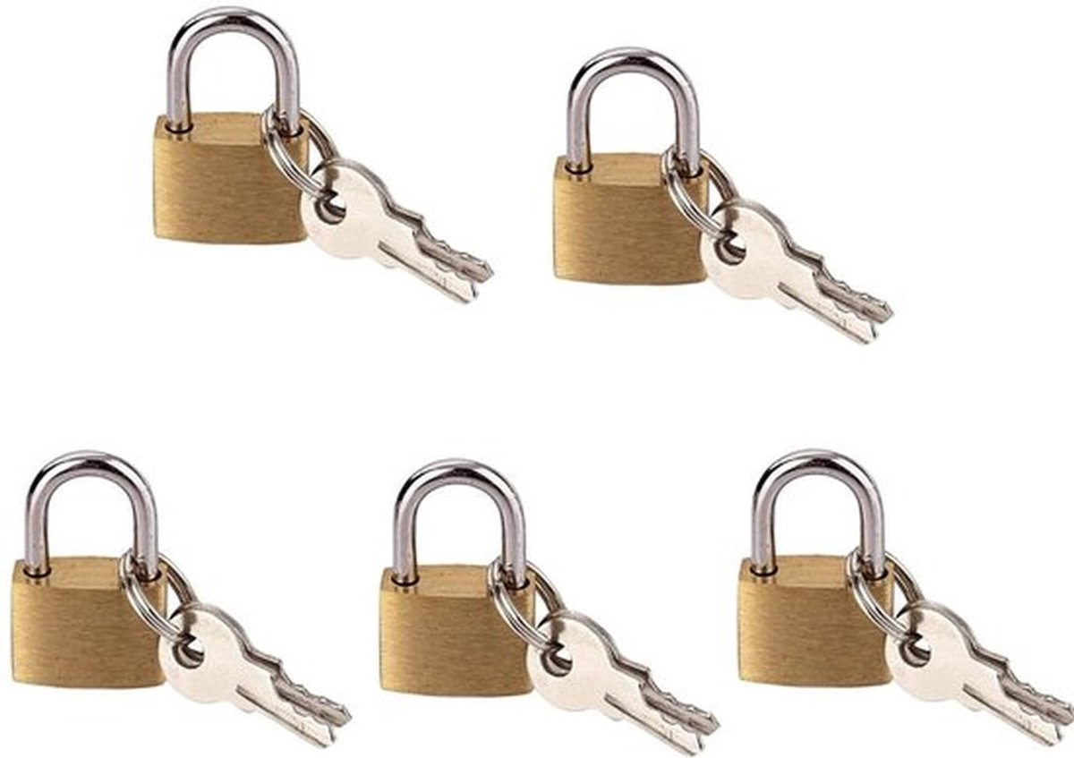 Hangslot Mini - 5 Stuks - Goudkleurig - Bagagehangslot - Sleutels - Voor Koffers/Dagboeken - 20 mm Breedte - Kofferslot