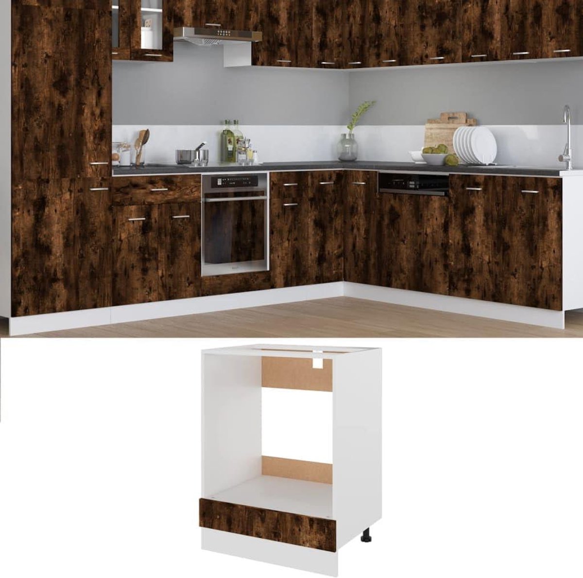 Keukenovenkast - Opbergkast Keuken - Keuken Organiseren - Verstelbare Voetjes - 60x46x81.5cm - Gerookt Eiken