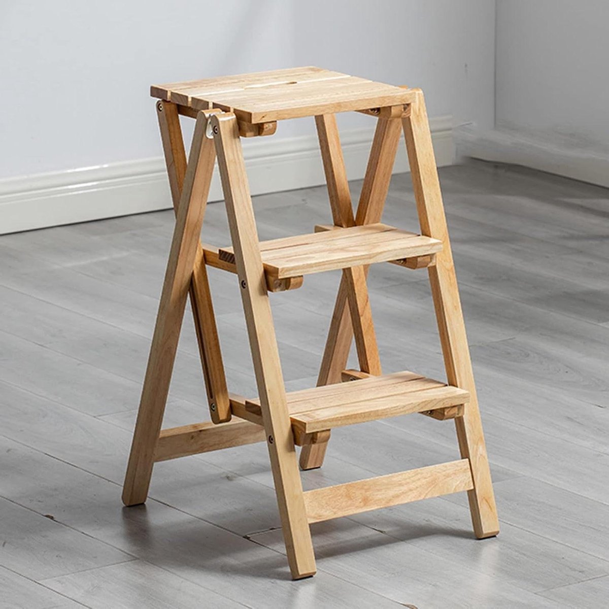 Houten Opstap Kruk - Ladderkruk Vouwbaar - Hoge Items Pakken - Opklapbaar Ontwerp - 3 Treden - Houtkleur