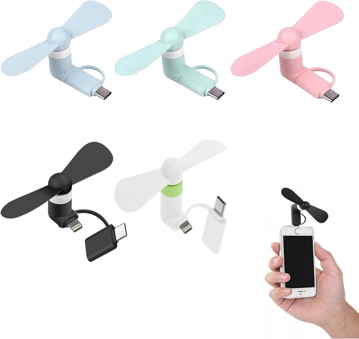 Mini USB Ventilator voor Mobiele Telefoon - Mini - Draagbare 3-in-1 Ventilator voor Telefoons - Voor iPhone en USB Type C