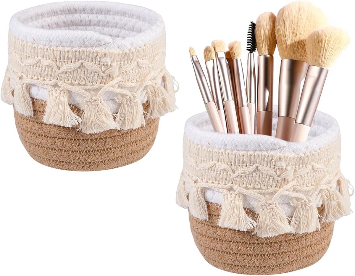 Boho-Stijl Handgeweven Mandje voor Make-up Kwasten, Schrijfgerei en Bureauaccessoires - 2 Stuks, 10x10 cm, Klein en Multifunctioneel Opbergmandje