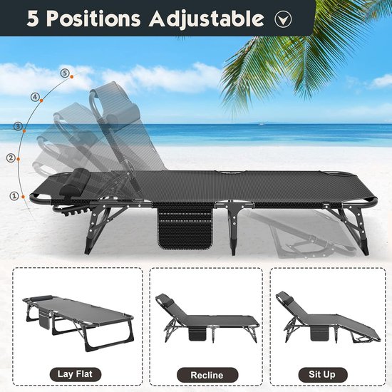 Inklapbare Ligstoel - Tuinstoel Lounger - Ontspannen Buiten - 5 Standen Verstelbaar - 191 cm Lang - Zwart Grijs — afbeelding 5