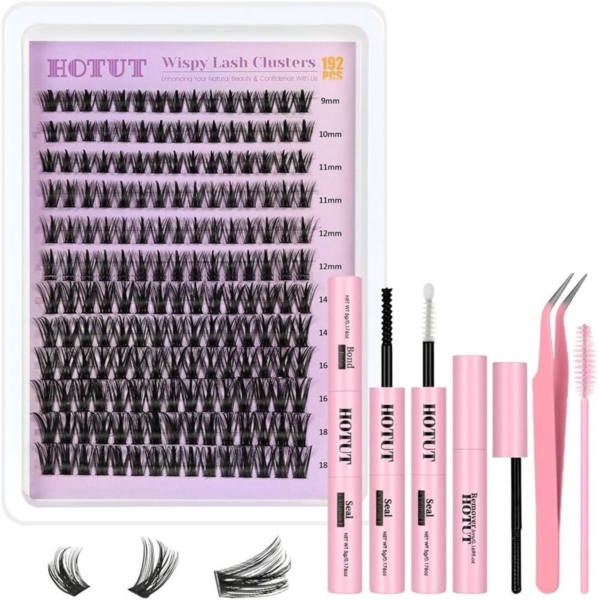 Volume Wimperextensions Set van 192 Stuks, Mix van 9-18 mm Cluster Wimpers met Lijm, Verwijderaar, Borstel en Pincet voor Professionele Wimperextensions en Nepwimpers