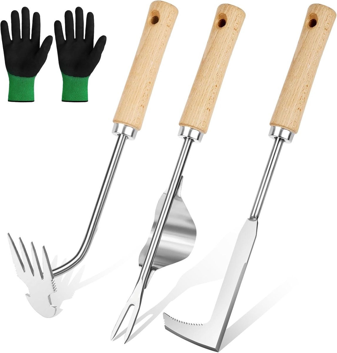 Handmatige Onkruidverwijder Set van RVS - 3-delige Set met Getande Rand en Lange Handgreep, Inclusief Tuinhandschoenen voor Effectieve Onkruidbestrijding en Grondverzorging