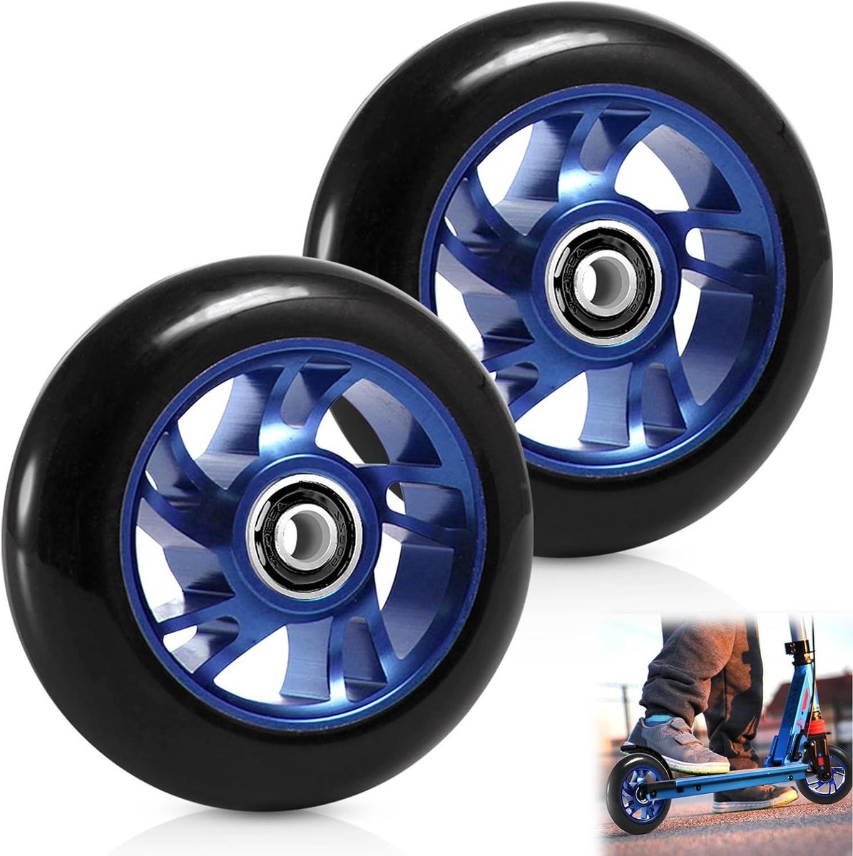 Scooter Wielen - Reservewielen Steppen - Soepel Rijden - Aluminium Velg - 100 mm - Zwart Blauw