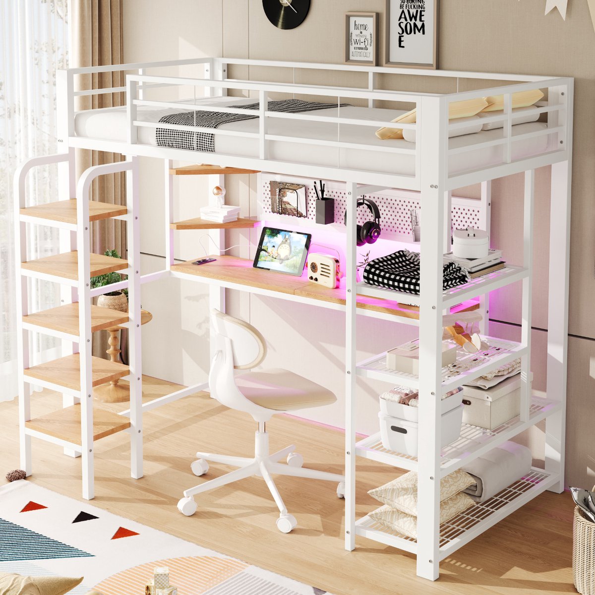 Wishdor Hoogslaper 90x200 cm - bureau en opbergruimte - led-verlichting - metaal en MDF - wit - verticale ladder - 172,5 cm