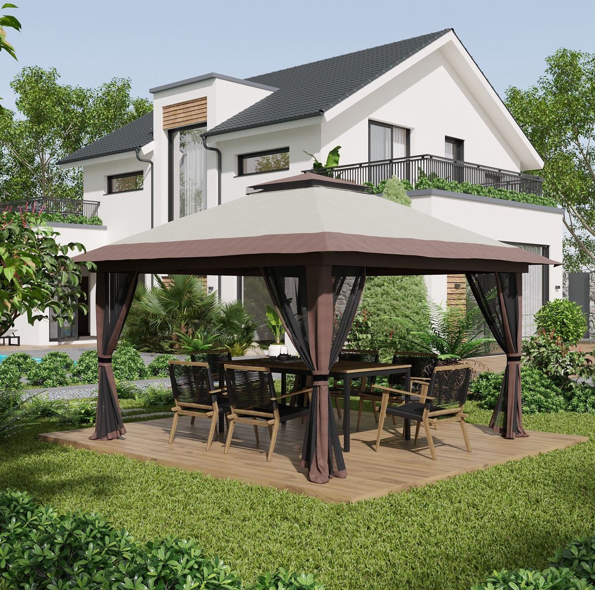 COVREO Partytent 392x392 cm beige polyester, in hoogte verstelbaar met uv-bescherming