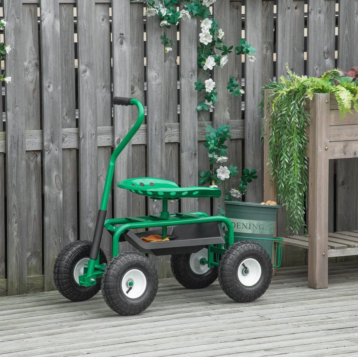 COVREO Tuinkar 81x44,5x46-59 cm groen metaal, met draaibare zitting