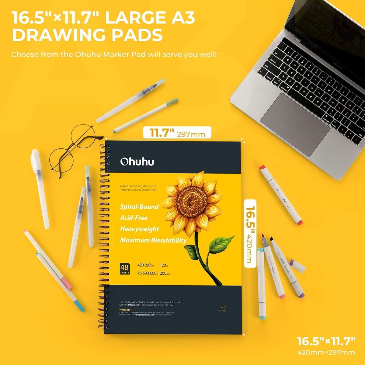 A3 Sketchbook voor Alcohol Markers - Extra Groot Formaat 42x29 - 7cm - 200GSM Zwaar Papier Zonder Doordrukken - 96 Pagina's (48 Vellen) - Met Spiraal