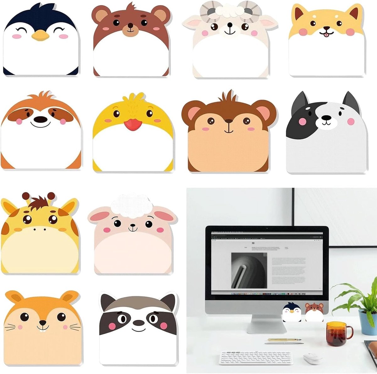 Zelfklevende Notities - Plakbriefjes Blokjes - Notities Maken - Schattige Dieren Vormen - 12 Stuks 6cm - Veelkleurig