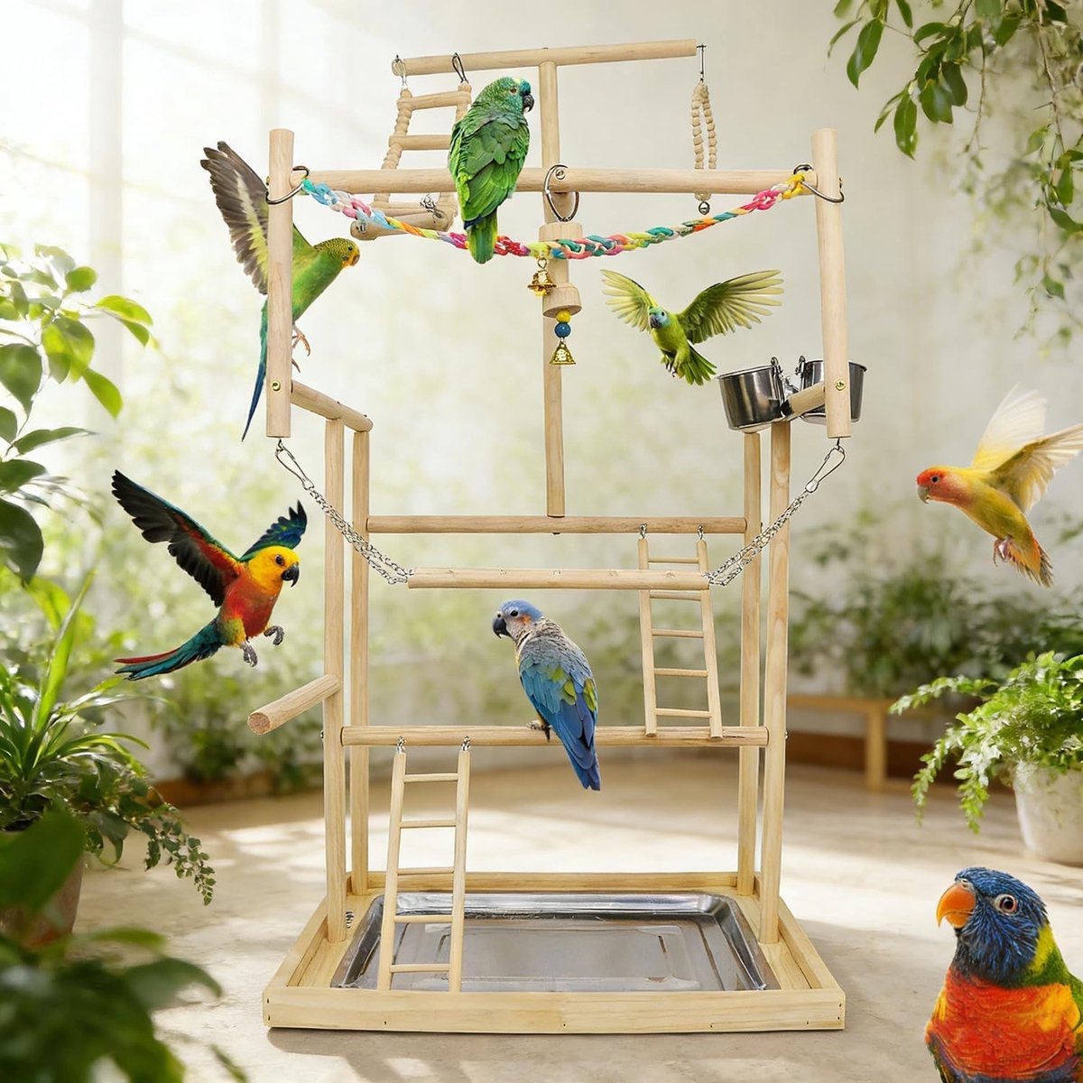 Speelpen voor Kinderen met Roestvrijstalen Schalen, Kleurrijke Plastic Ketting voor Papegaaien en Vogels