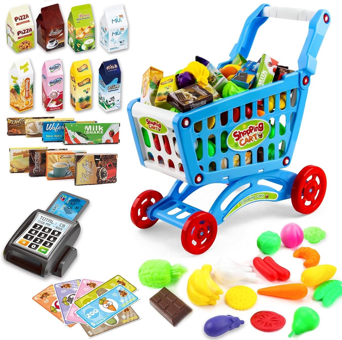 Speelgoed Winkelwagentje met 48 Stukken Accessoires voor Kinderen - Leuk Rollenspel Thuis, Eenvoudige Montage zonder Gereedschap, Veilige Randen, Stimuleert Fantasie en Hand-Oog Coördinatie
