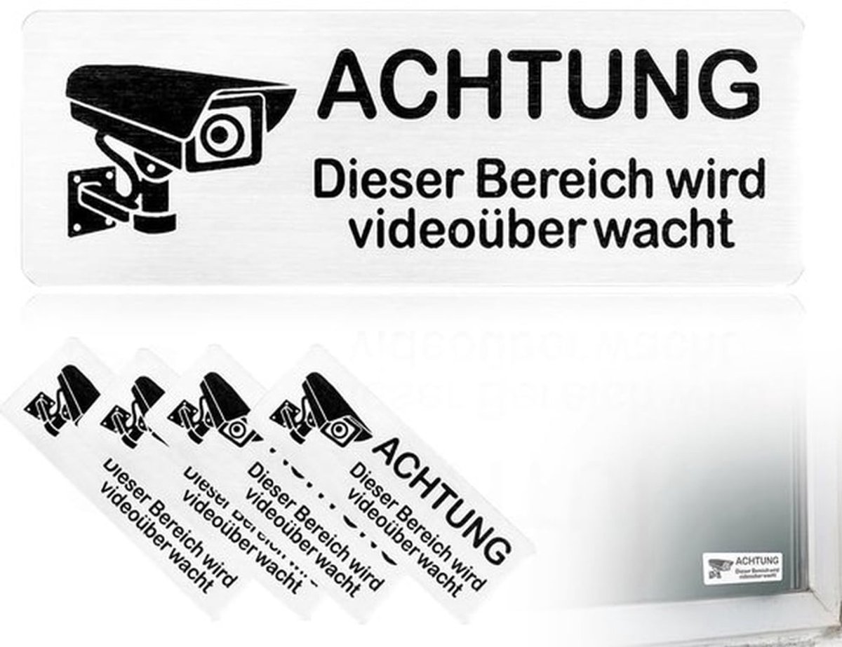 Videobewakingsbord 4 Stuks - Zelfklevende Aluminium Stickers - Waarschuwingsbord voor Camera's - 8,5 x 3 cm - Hoge Kwaliteit - Bewakingsstickers