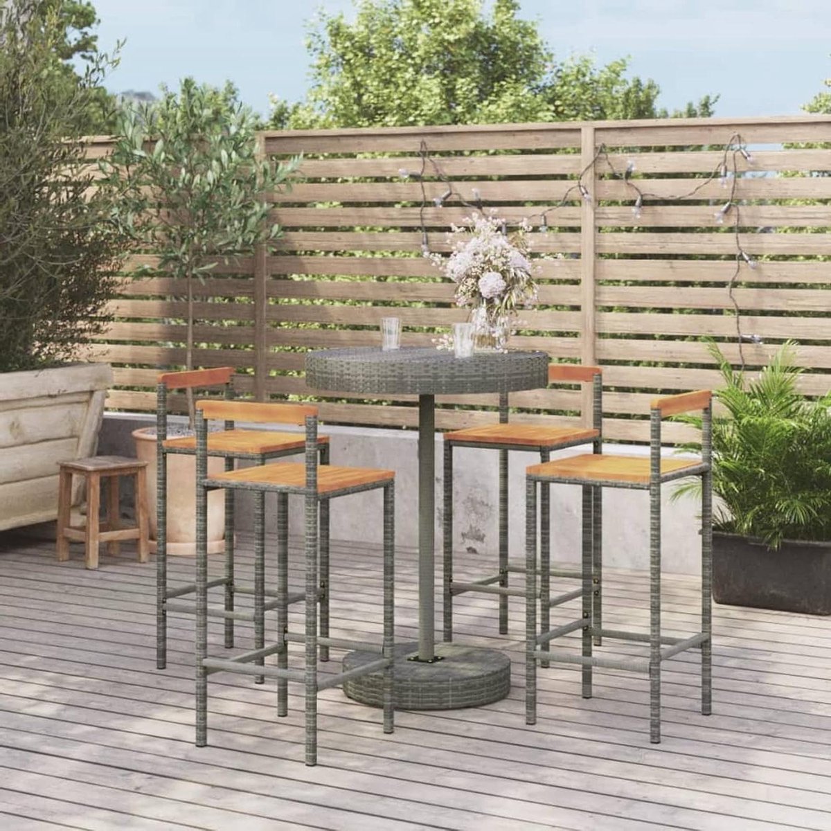 Tuinbarset 5-delig - Buitenbar Set - Buiten Ontspannen - Polyrotan en Hout - 80 x 79 x 15 cm - Grijs