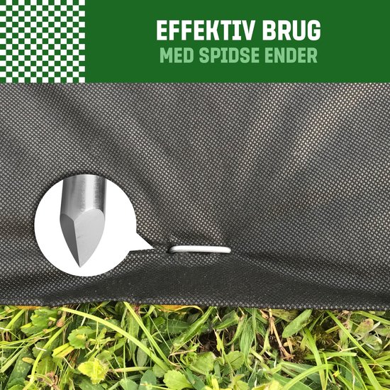 Zwart tuinnet op gras met de tekst 'EFFEKTIV BRUG MED SPIDSE ENDER'. Inzet toont een puntige punt.
