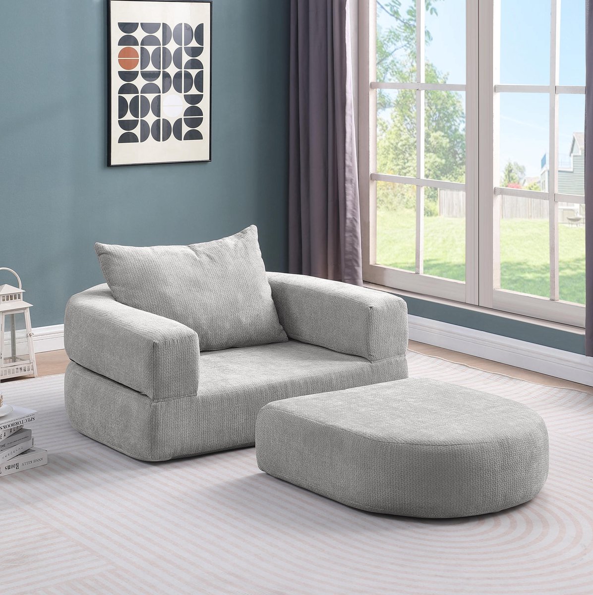 Wishdor Bedbank 1-zits - Uitklapbaar slaapbed - Chenille - Lichtgrijs - Met kussen en voetenbank - 101 x 90 x 41 cm