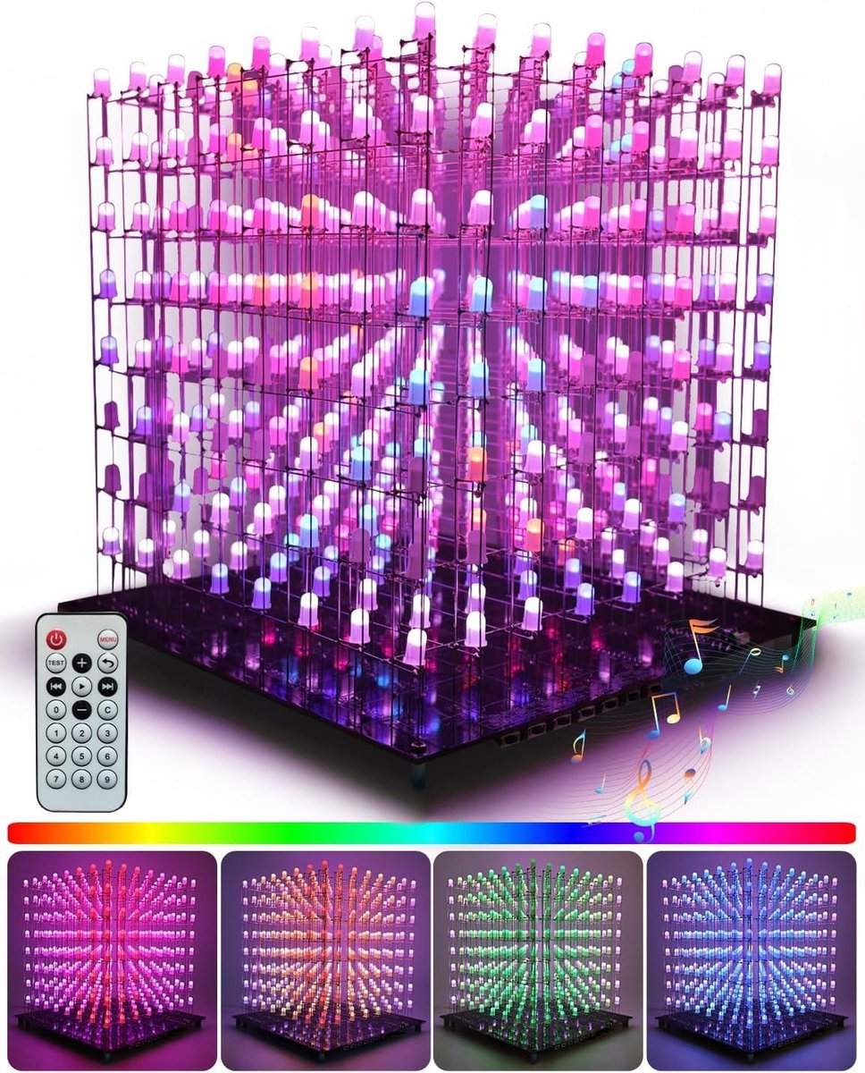 LED Cube Kit - Multicolor - 18 x 18,5 x 19 cm - DIY Solderen Project Kit met 512 RGB LED's - Voor Elektronica Enthousiasten