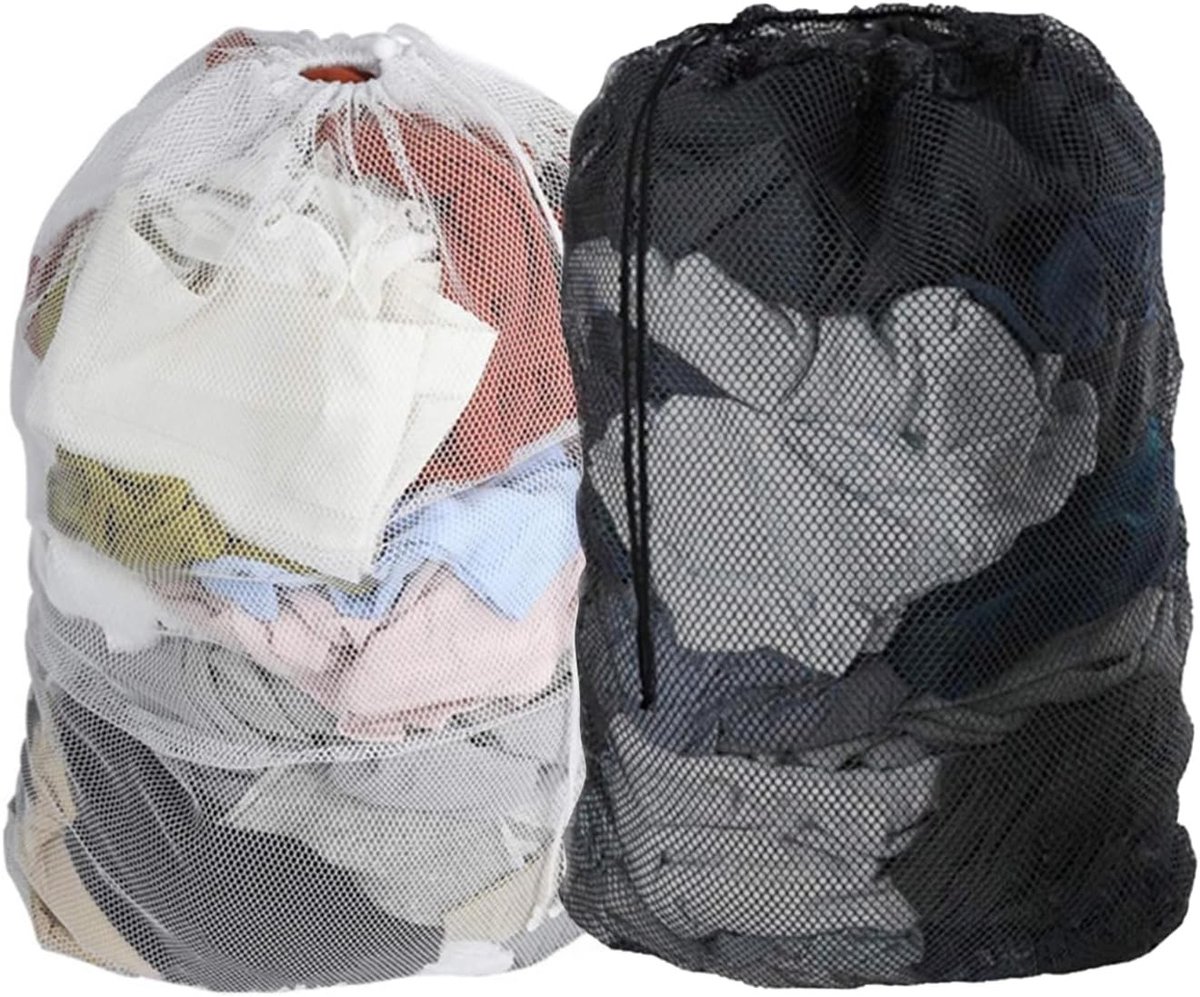 Wasnetzakken - Wit/Zwart - 90 x 60 cm - Grote Waszak met Afsluitbaar Trekkoord - Voor Kleding en Dekbedovertrekken