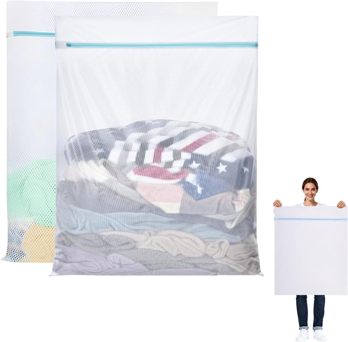 Waszakken Groot - Wit - 60 x 80 cm - Polyester Wasnet met Ritssluiting - Voor Fijne Was en Ondergoed