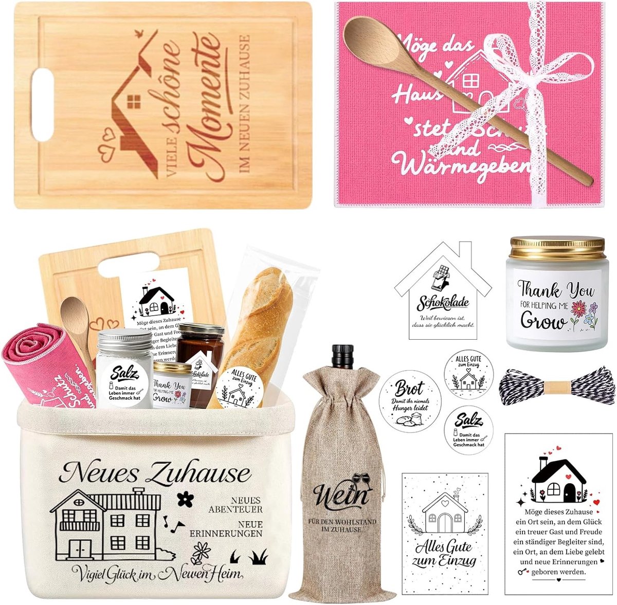 Unieke housewarming cadeau-ideeën voor woning en appartement met bamboe plank, broodmand en wenskaart