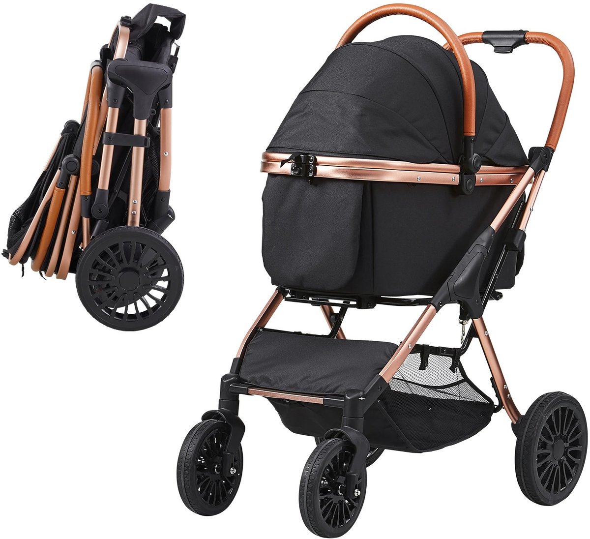 G&G inklapbare hondenbuggy - Hondenwagen - Katten buggy - All terrain - Tot 30kg - Afneembare draagmand - Veiligheidslijn - Zwart