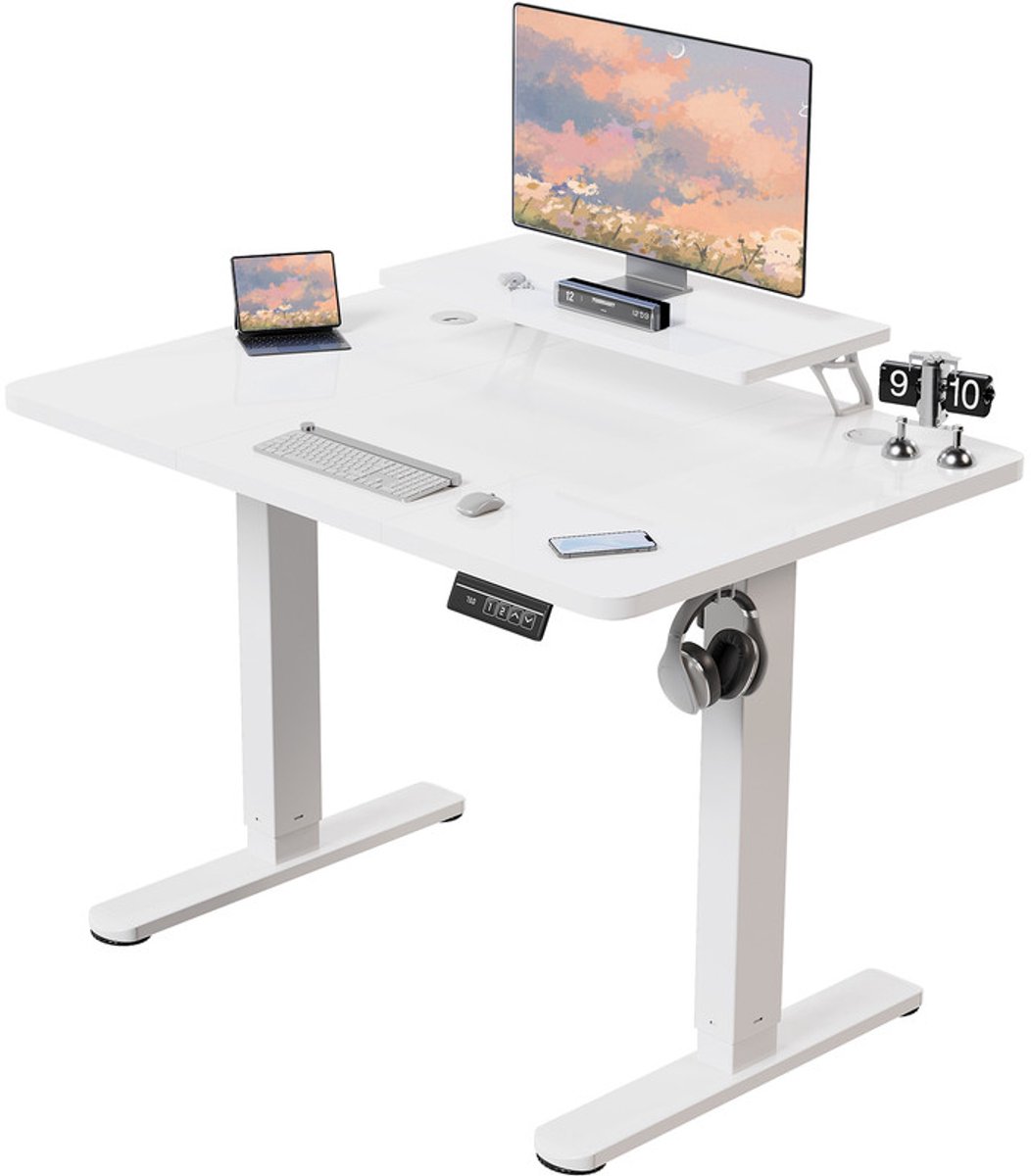 Devoko Elektrisch Zit-Sta Bureau met Monitorstandaard – 120 × 60 cm (B × D) – Stille Motor, Anti-collisionfunctie, 2 Geheugenstanden en LED-display – Draagvermogen 75 kg – Wit