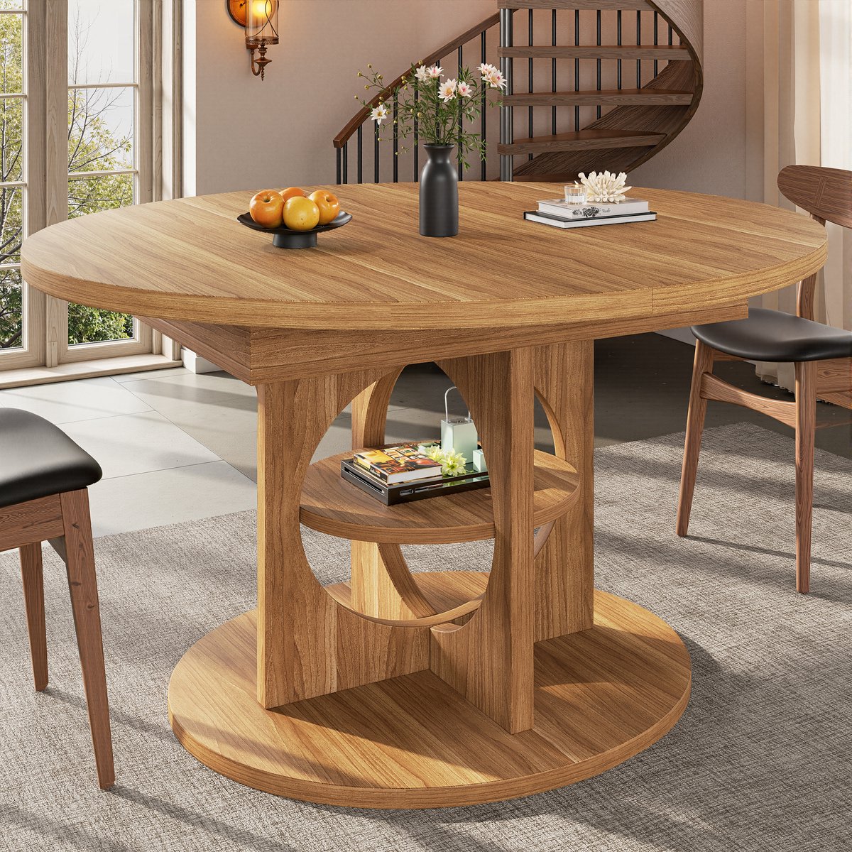 Wishdor Uitschuifbare eettafel - rond naar ovaal - met opbergruimte - houtlook - MDF en metaal - 110-150 x 110 x 76 cm