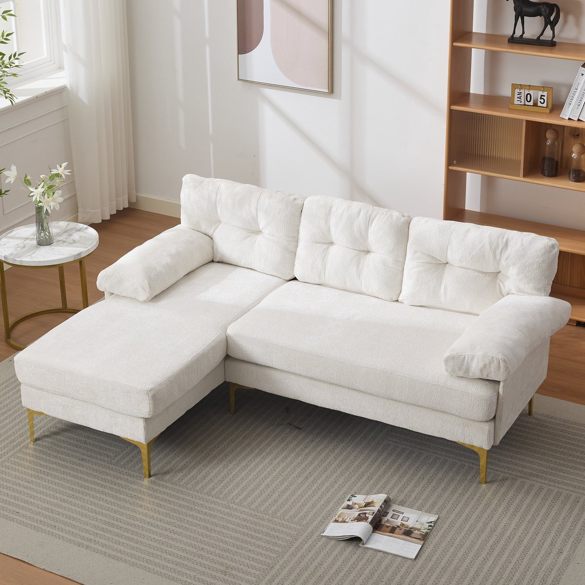 Wishdor Hoekbank 3-zits met omkeerbare chaise longue - Chenille - beige - 187,5 x 130 x 79 cm