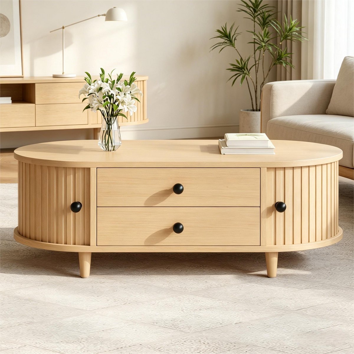 Wishdor Salontafel rond met 2 lades en rolltüren - MDF - houten poten - natuurlijke houtlook - 100 x 50 x 36 cm